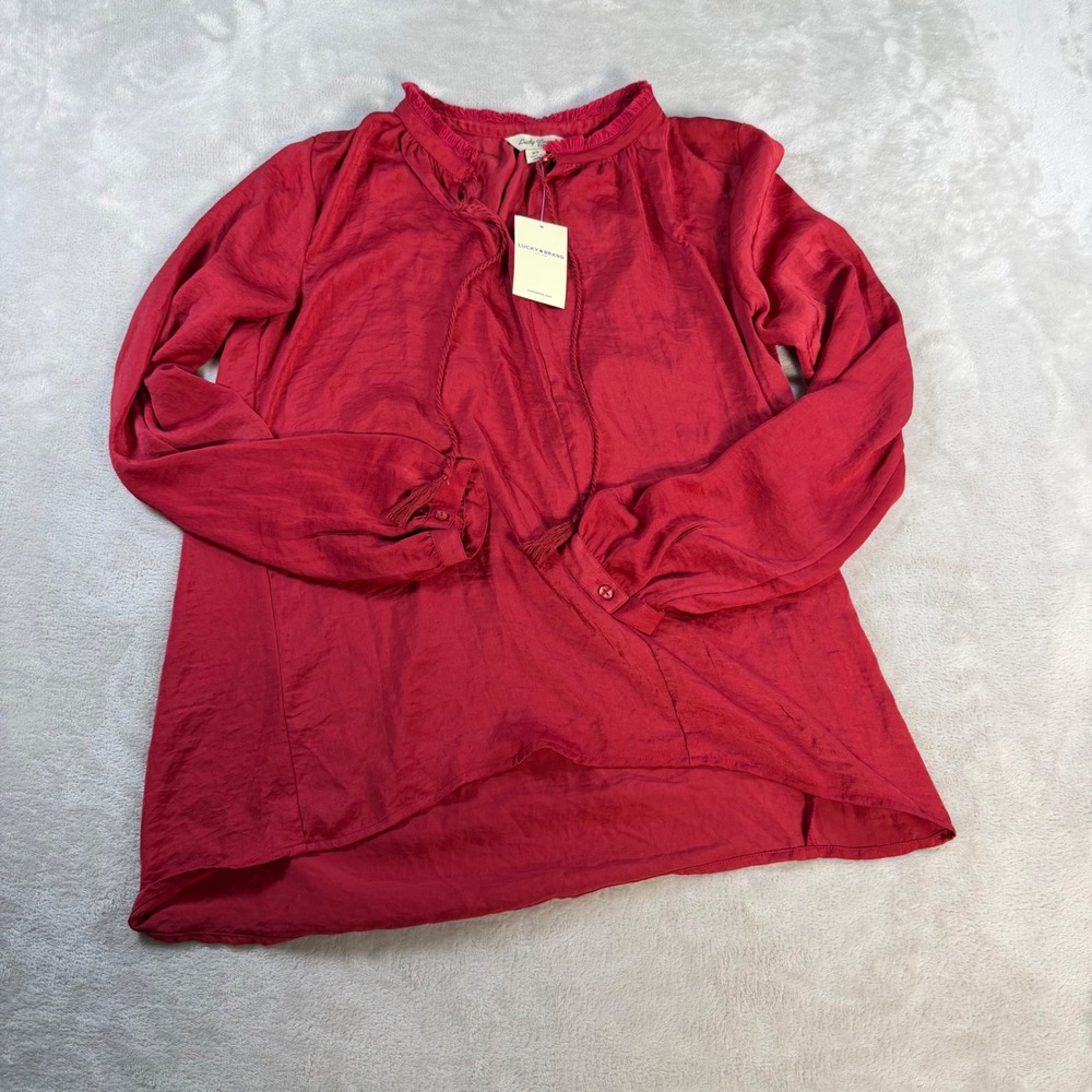 Lucky Brand Peasant Blouse Tassel Tie Women XS Red Polyester 7W43287 Fringe Trim